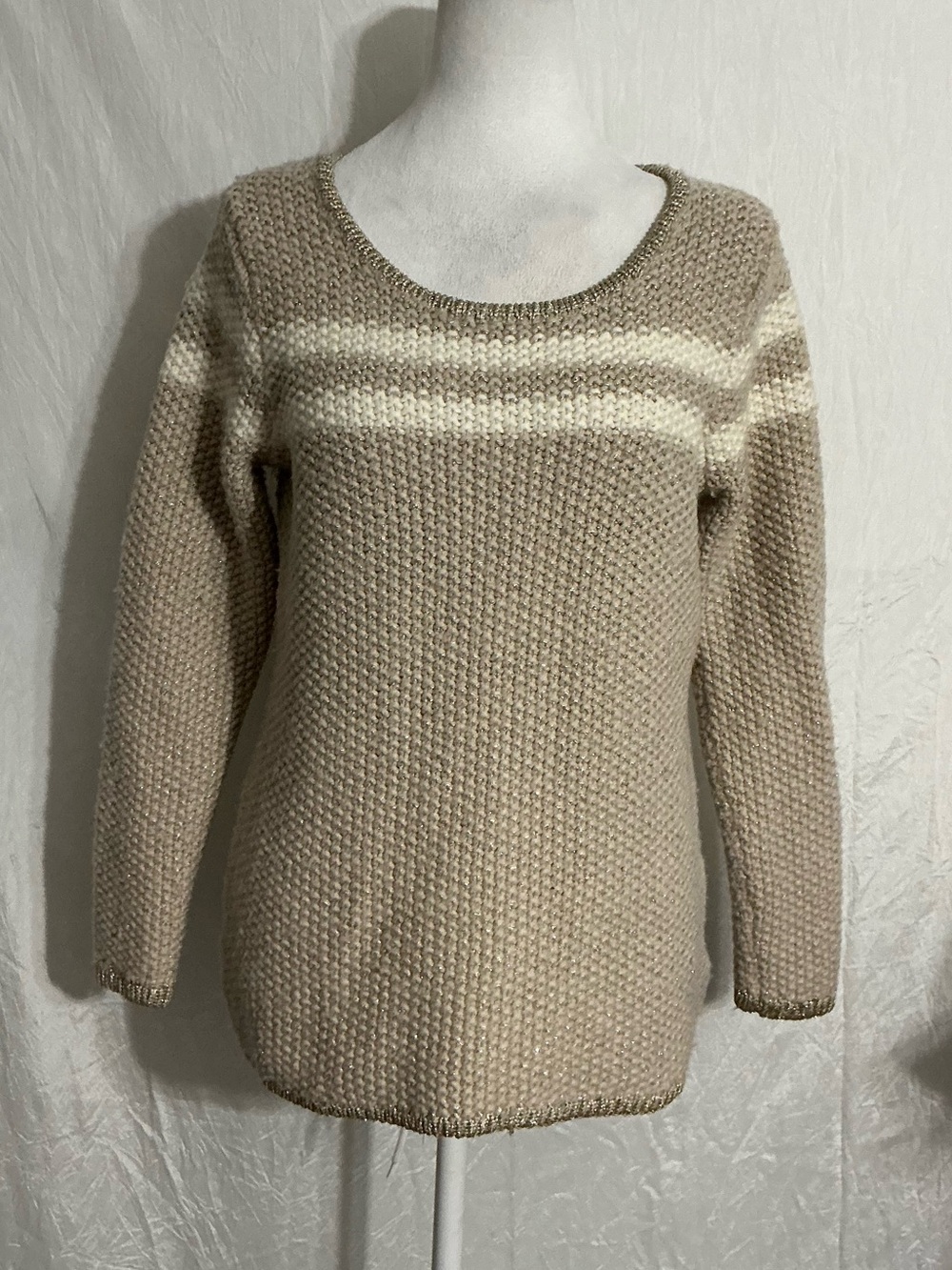 Coldwater Creek Beige and Ivory Scoop Neck Knit Sweater